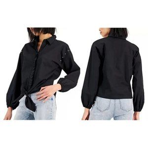 INC Womens Size M Black Studded Dolman Sleeve Ruffled Tie-Front Collar Top NWOT